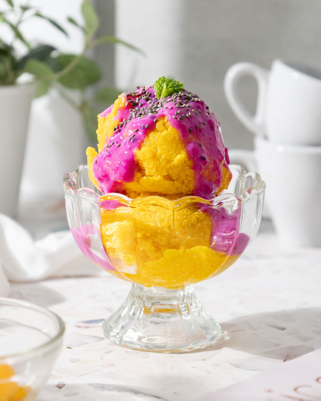 Mango Ice Cream with Pink Sauce 