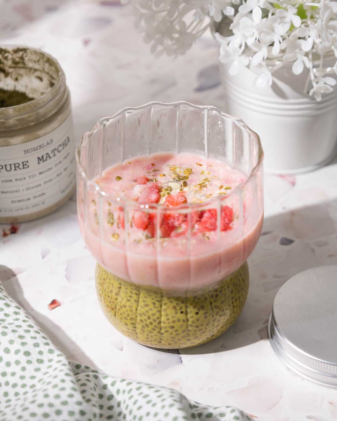 Matcha Chia Pudding x Strawberry Milk